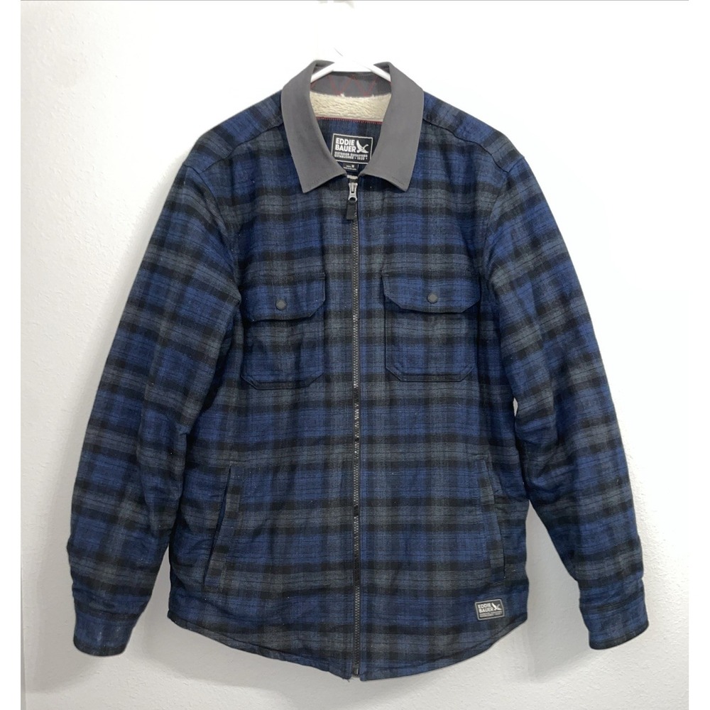 Eddie Bauer Men's M Blue Plaid Sherpa-Lined Plaid Shirt Jacket Cabincore